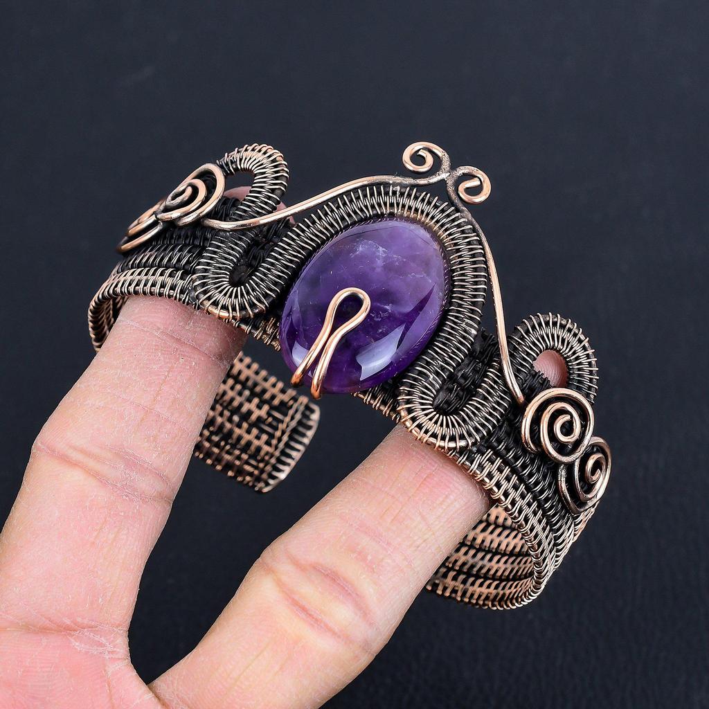 Amethyst Cuff Bracelet Real Gemstone Bangle, 999 Copper Wire Wrapped Bracelet Handmade Jewelry, Adjustable Bangle For Gift Women Jewelry