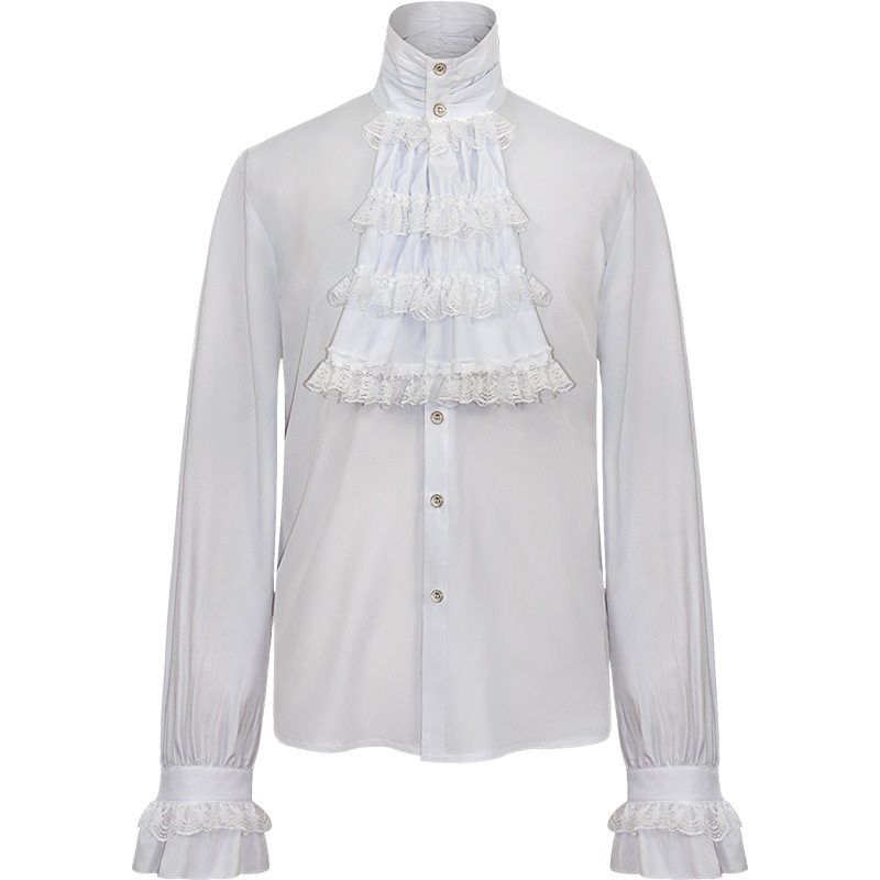 2023 European and American New Fashion Gothic Ruffled Stand-Up Collar Long-Sleeved Men s Tie Shirt with Pleated Cuffs Men s Shirt Ruffled Blouse White L