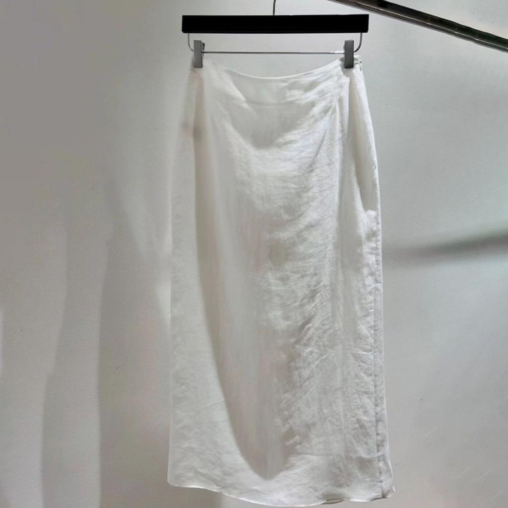 Hochwertiger Damen-Midi-Rock aus weißer Tencel-Baumwoll-Leinen-Mischung - Hochtaillierter Rock mit langem Schlitz für den Sommer mit luxuriösem Flair