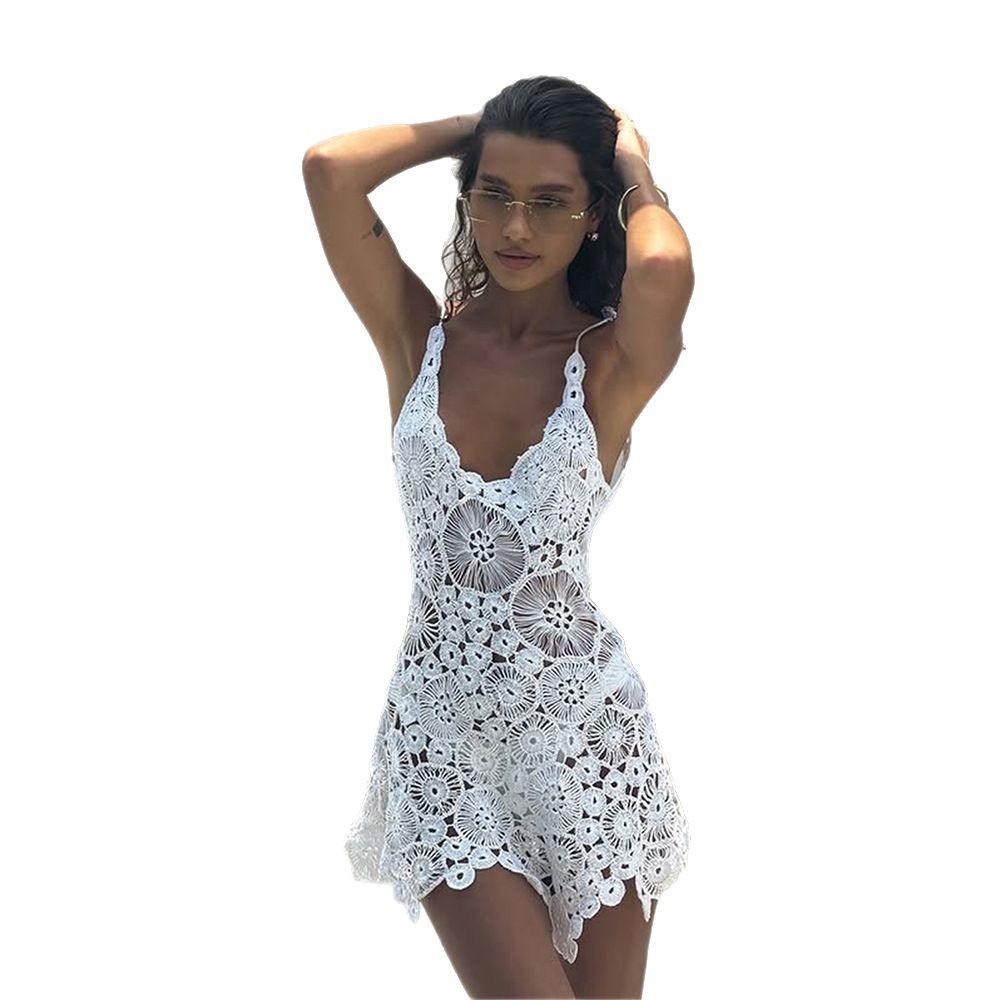 2026 Summer New Solid Color Women Dress, Sexy Lace Hollow Crochet Beach Cover Up