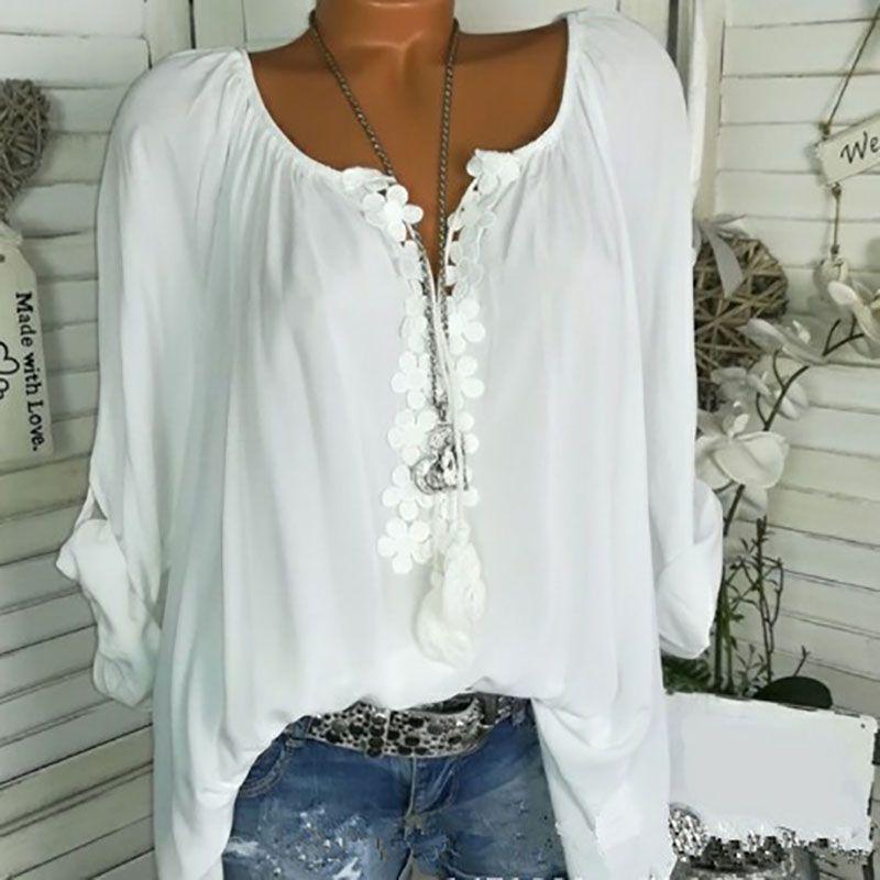 Elegant Plus Size Women Boho Long Sleeve Blouse Baggy Tops With V Neck Design