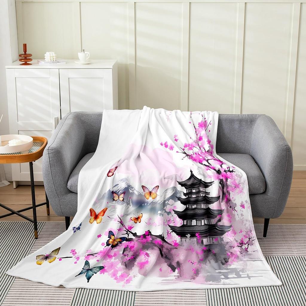 Japanese Style Soft Warm BlanketRainbow Butterfly Throw BlanketCherry Blossoms Fleece BlanketInk Painting Style Fuzzy Blanket