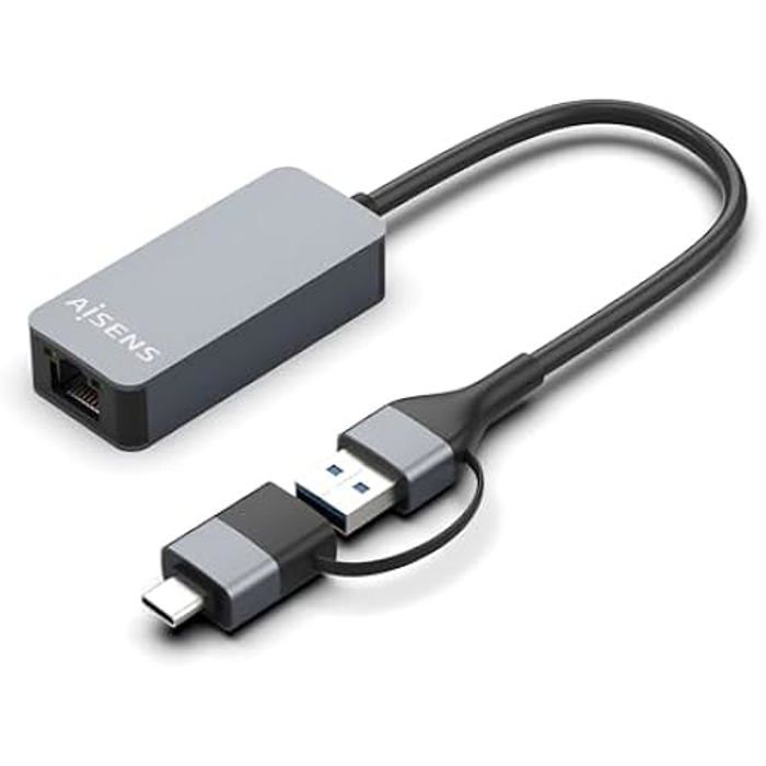 AISENS - A109-0710 - Convertisseur USB3.2 Gen1 USB-A+USB-C Vers Ethernet 2.5G 10/100/1000/2500 Mbps, Gris, 15 Cm