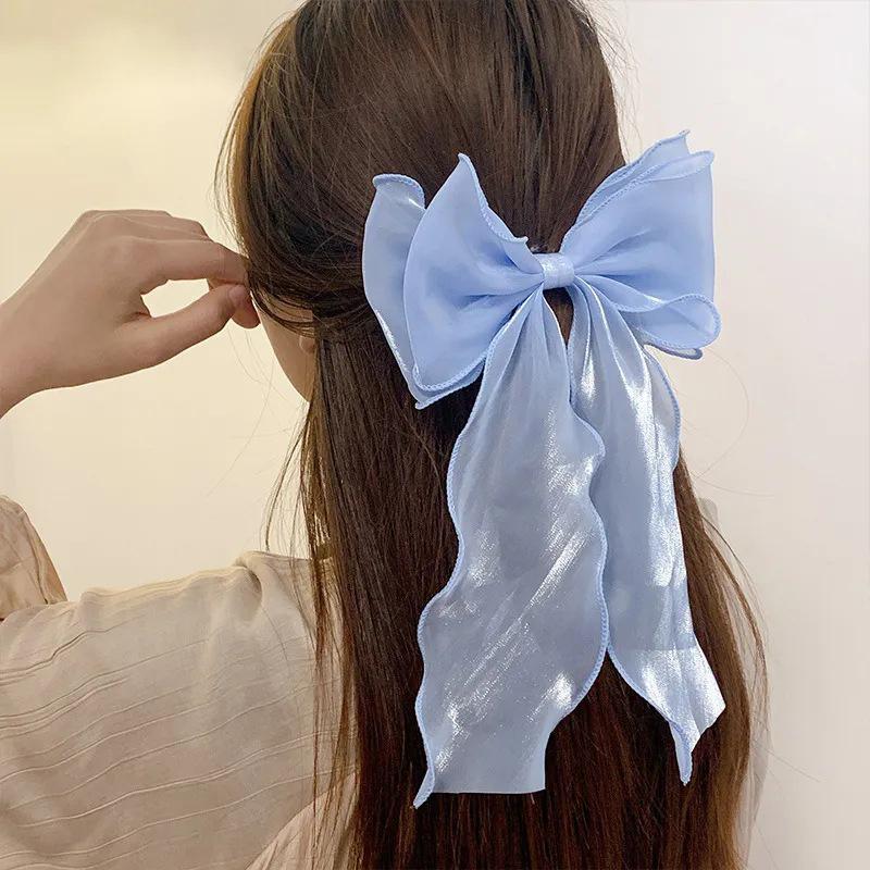Sweet Chiffon Bow Hair Clips Girls Blue Shining Satin Bowknot Hair Clips Ribbon Bow Barrette Hairpin Grip Ponytail Clip Headwear