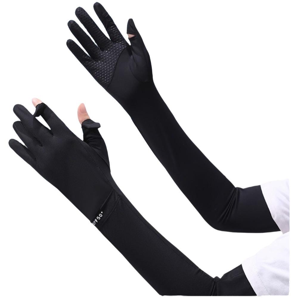 

Fashion Solid Color Long Sleeve Sun Protection Non-slip Sunscreen Sleeve Gloves Elastic Cooling Ice Silk Arm Sleeve Women чёрный