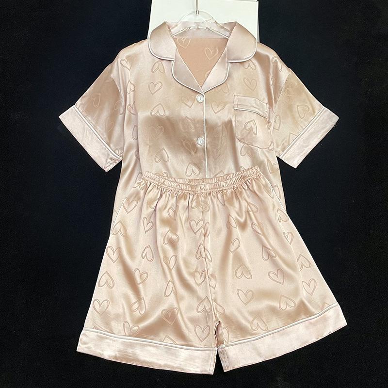 Spring And Summer Sweet Short Sleeve Shorts Set Pink Peach Heart Thin Wear Home Tile