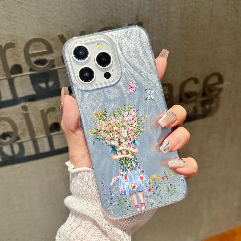 Floral Pattern Feather Sparkling Shockproof Phone Case For iPhone 16 Pro Max 15 Pro 14 13 12 11 Clear TPU Soft Edge Glitter Slim Hard PC Back Cover