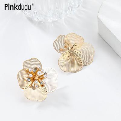 Minimalist Floral Stud Earrings Gold Plated Zinc Alloy Stud Earrings Flowers with Metallic Veining Earring PD2210