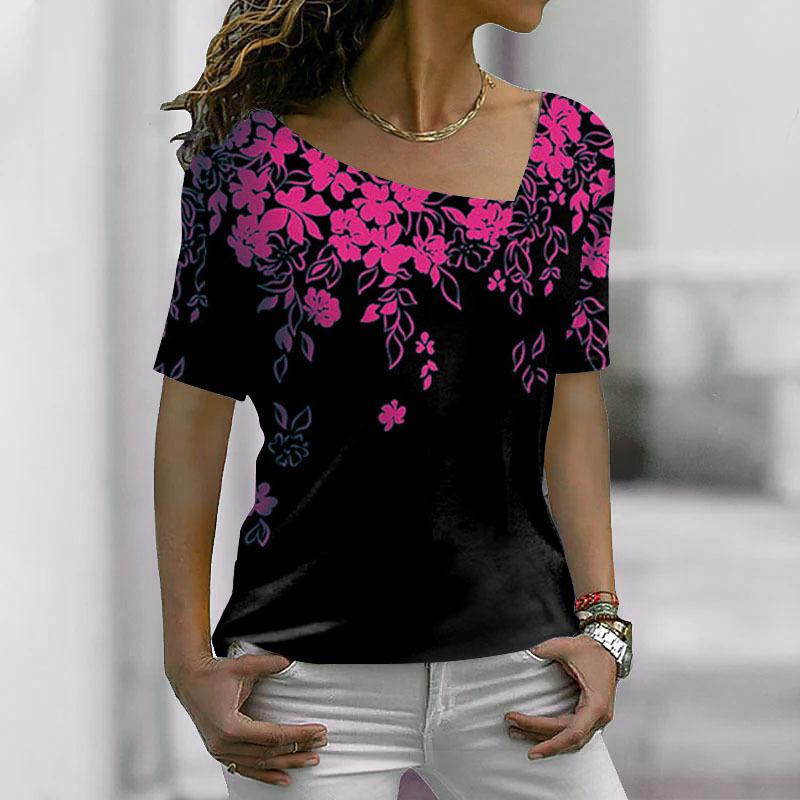 New Fashion Women's Floral Printed Long Sleeve Irregular V-neck Casual Elegant Top Loose Plus Size Soft and Comfortable Thin Bottoming Shirt