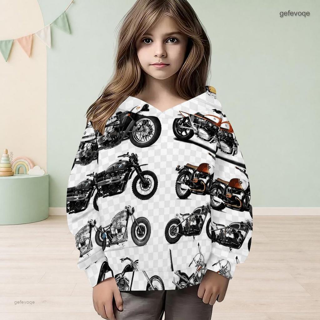 Girls White Checkered Motorcycle Printed Long Sleeve Hooded Pullover