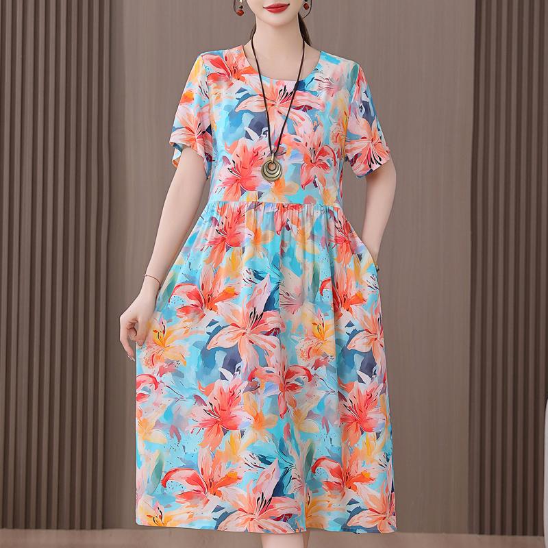 Plus Size Women's Summer Dress Elegant Loose Short Sleeve Long Dress Female Vintage Clothes