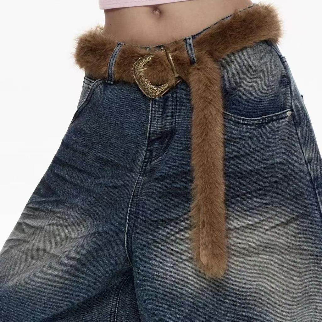 Women'S Plush Belt  Trend Y2K Girls Girdle Versatile Jeans Accessories Faux Fur Patchwork Belt