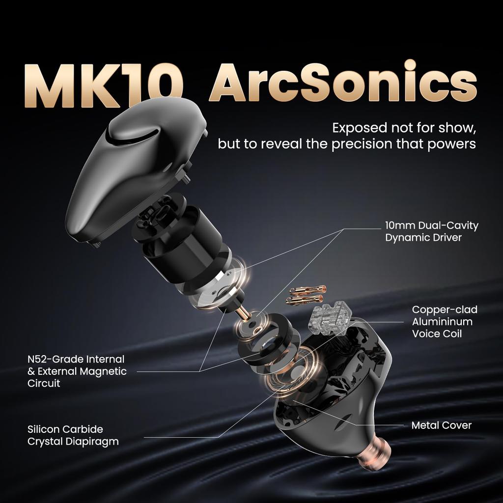 HIDIZS MK10 ArcSonics Silicon Carbide 10mm Dual Magnetic Circuit Dual Cavity Dynamic Three Tuning 6 Tone Zinc Alloy Steel In-Ear Monitors, Diaphragm,