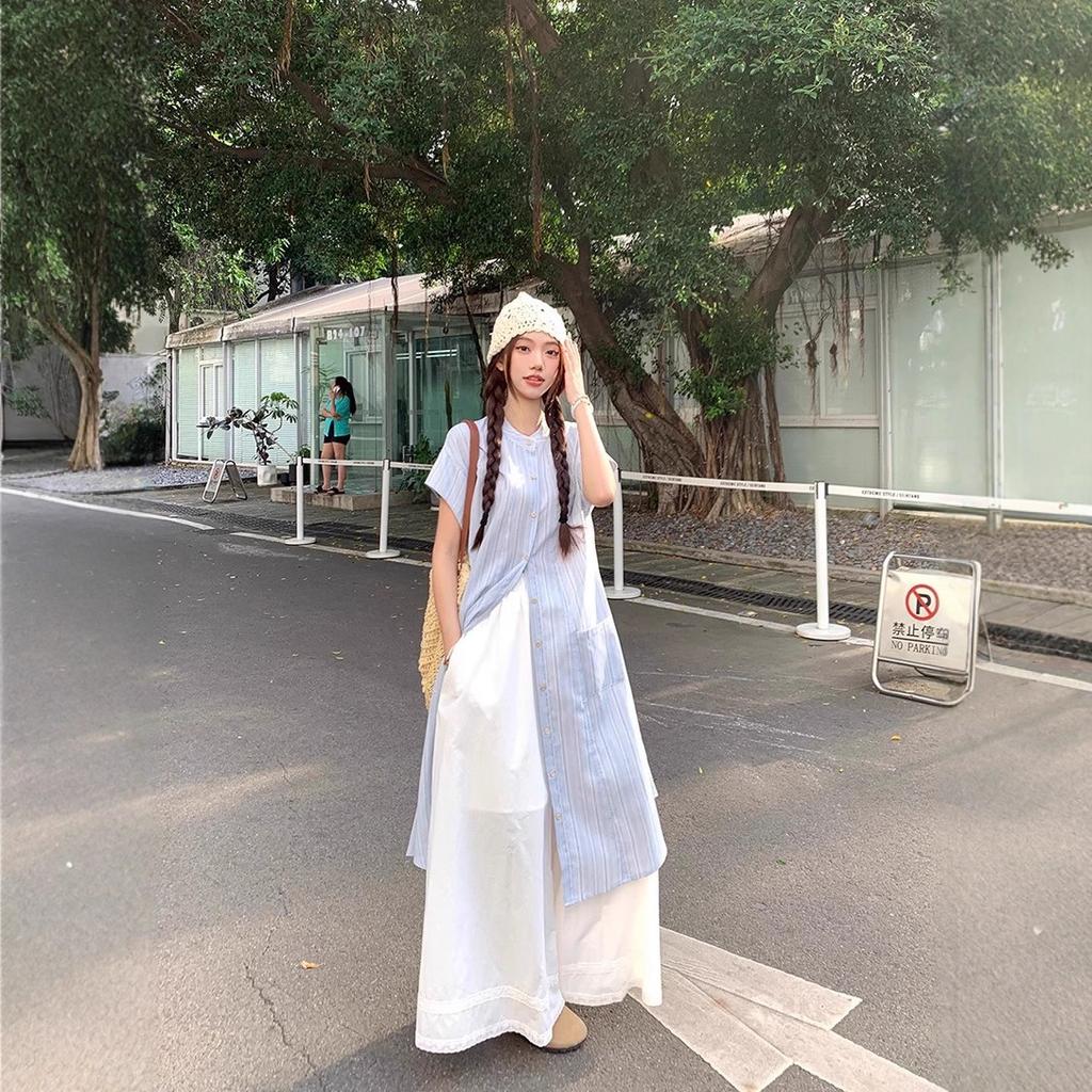 Blue striped short-sleeved shirt dress women's summer 2026 new loose casual fashion wide-leg pants two-piece set