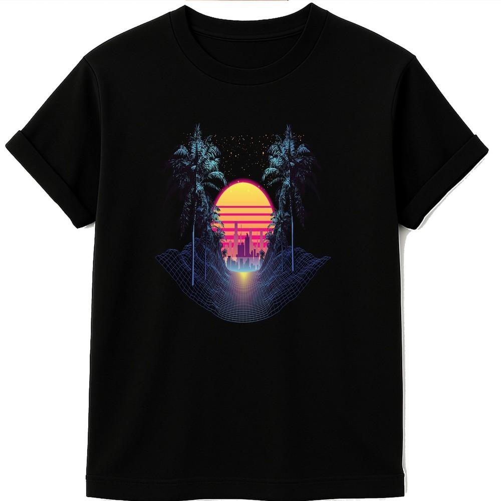 Synthwave T Shirt Retro 80s Neon Sunset City Palm Trees Vaporwave Tee