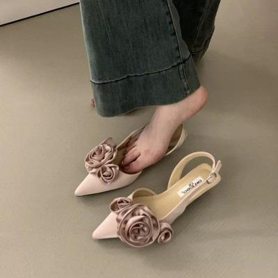 2025 New Pointed French Flower Bag Head Sandals Fairy Shoes New Spring and Summer Evening Celebrity Single Shoes