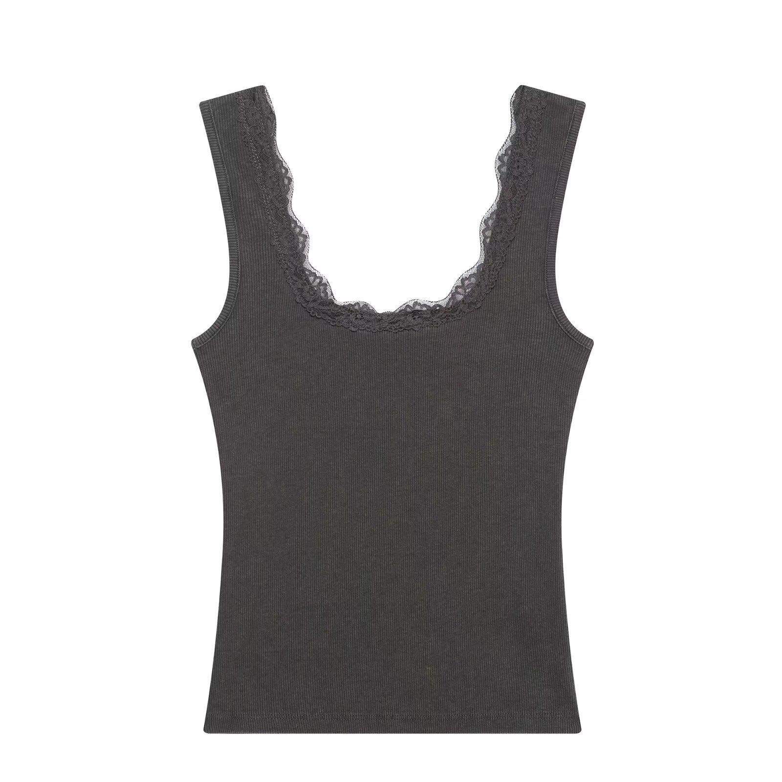 

Лето 2025 Европейский и американский женский утягивающий жилет с U-образным вырезом, без рукавов, с кружевной отделкой Large серый
