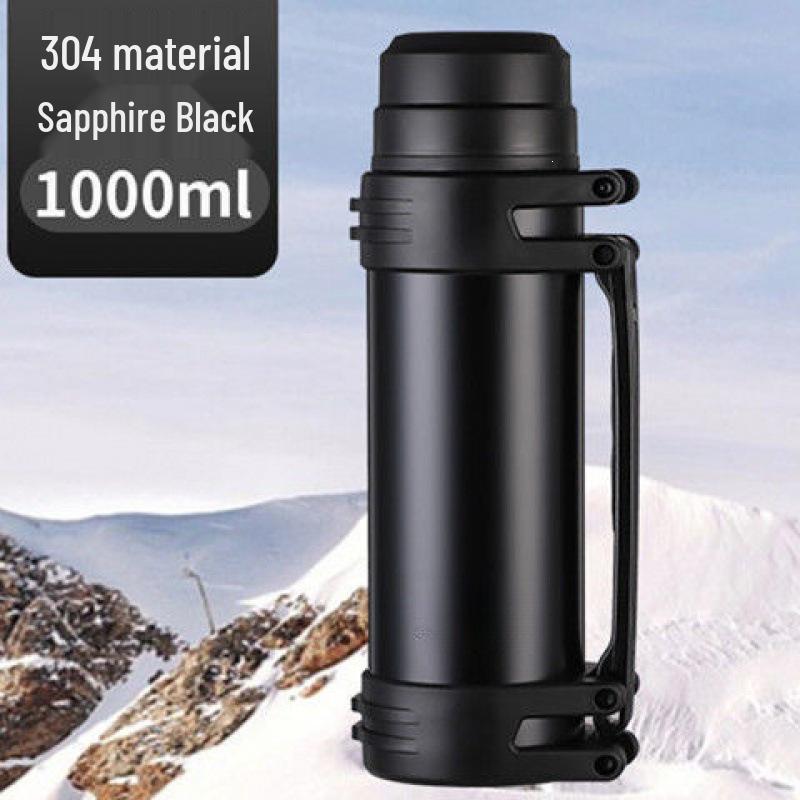 

Stainless Steel Thermos Flask with Large Capacity for Travel and Home - Black/Red 1000ml with brush, strap чёрный