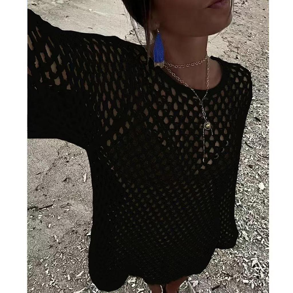 Damen Cover-Up Bikini Strickware: Ausgeschnittenes Langarm-Strand-Sonnenschutzkleid