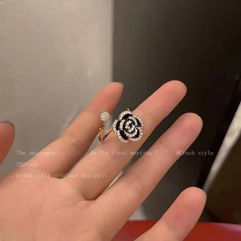 S925 Sterling Silver Black Camellia Ring - Women's French Luxury Style