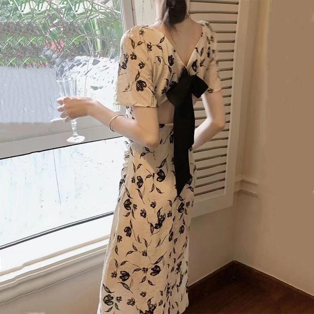 Coffee Break French Backless Dress Women's Summer Temperament Long Dress Waist Thin Gentle Wind Floral Skirt Pure Desire