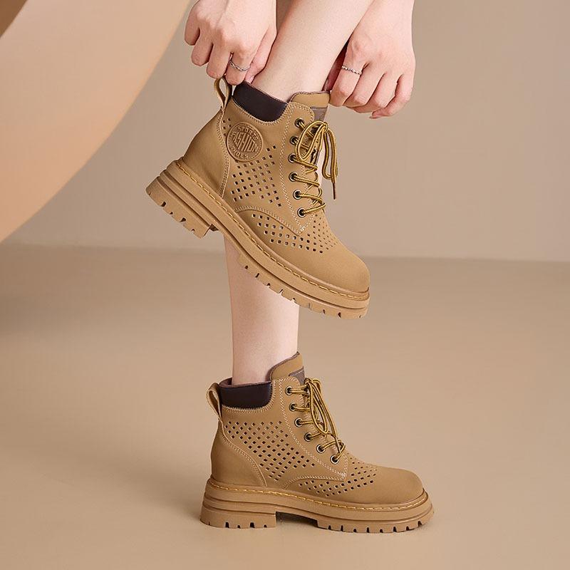Stand hollow Martin boots summer new soft leather retro women's short boots cow suede leather tooling boots