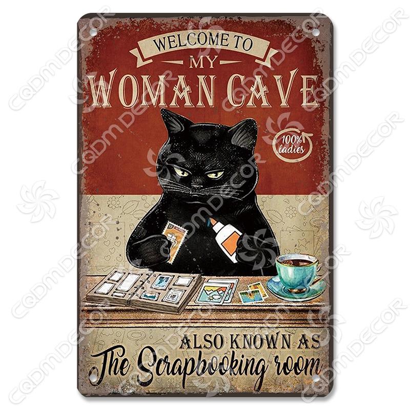 Black Cat Tin Sign Metal Plaque Read Books Drink Wine Pet Metal Poster Vintage Wall Decor for Coffee Shop Kitchen Bathroom Home