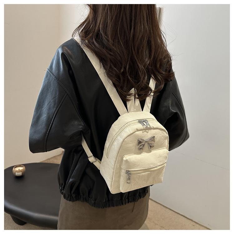 Cute Bowknot Faux Leather Mini Backpack for Women Small Lightweight School Daypack Fashion Streetwear Bag