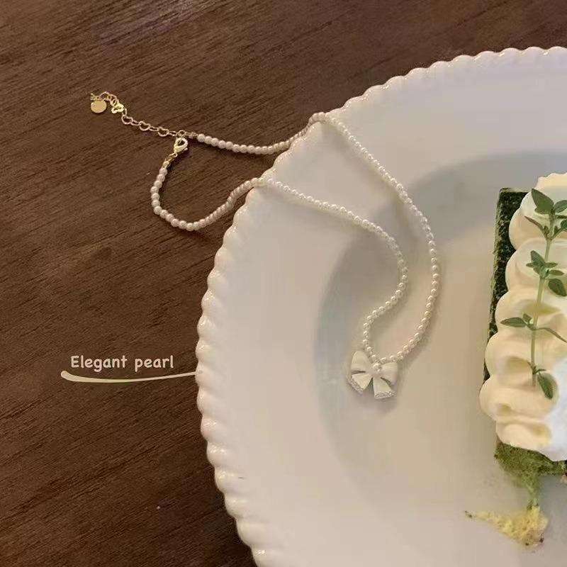 Pearl Bow Necklace Women's Summer Senior Design Sense Niche Beaded Collarbone Chain Choker Neck Chain with Jewelry