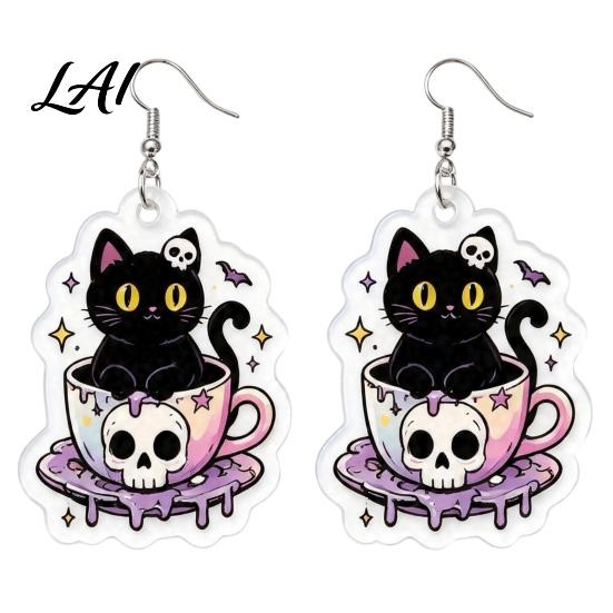 Cute Black Cat Accessories 1 Pair Halloween Earrings for Women 2D Acrylic Teacup Niche Jewelry Dangle Drop Earrings Gothic Cartoon Party Daily Wear