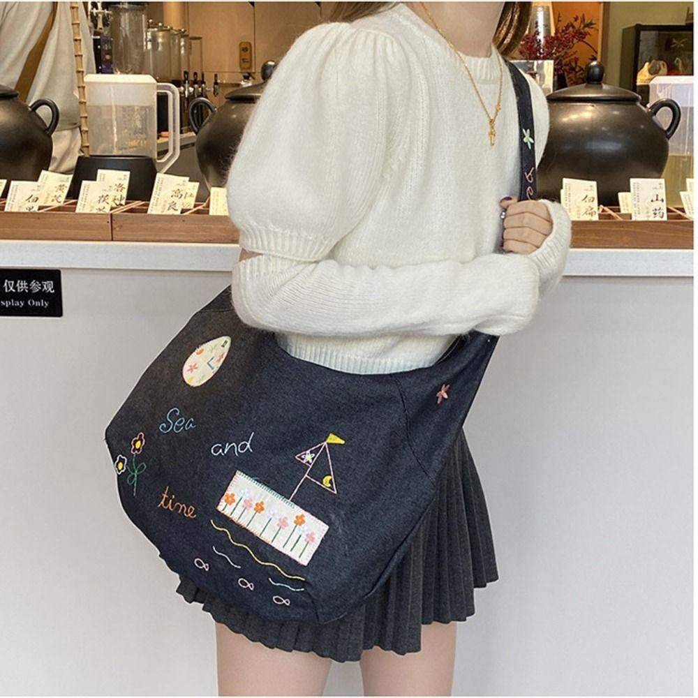 Retro Denim Canvas Bag Cloth Embroidery Tote Bag Vintage Cartoon Pattern Shoulder Bag  Travel
