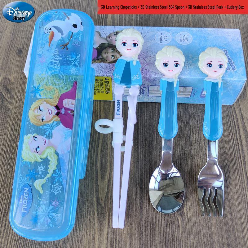 Disney 3D Cartoon Children's Stainless Steel Cutlery Set: Fork, Spoon, and Training Chopsticks