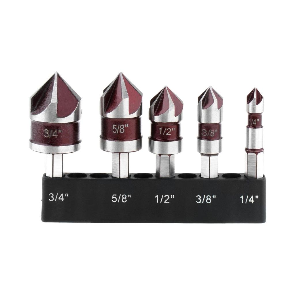 5pcs M35 Cobalt Countersink Drill Bit Set 5 Flute 82° 1/4" Hex Shank 1/4 3/8 1/2 5/8 with Holder Dispenser Strip for Metal Work