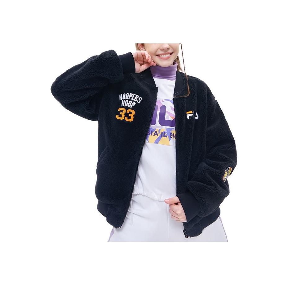 Fila Fusion Inline Faux Shearling Loose Fit Baseball Logo Sports Jacket Unisex jackets Deep-Black T11U145907FBK
