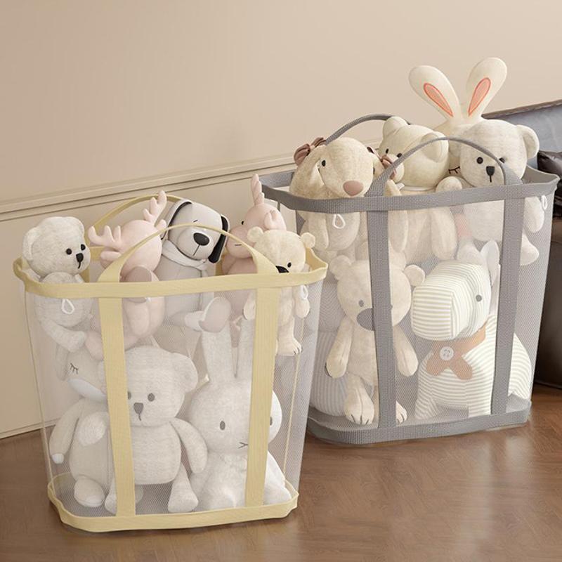 Nylon Mesh Laundry Basket With Handle Breathable Folding Portable Dirty Clothes Organizer Bags Large Capacity Toys Storage Bag