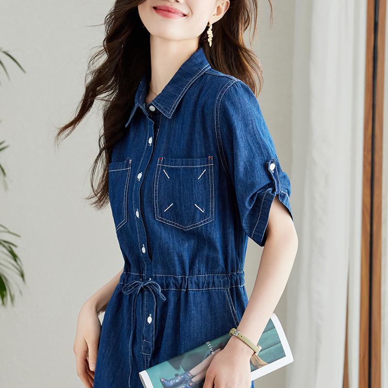 Denim Dress Women's Short-sleeved Summer New Temperament Commuter Design Sense Drawstring Waist Skirt
