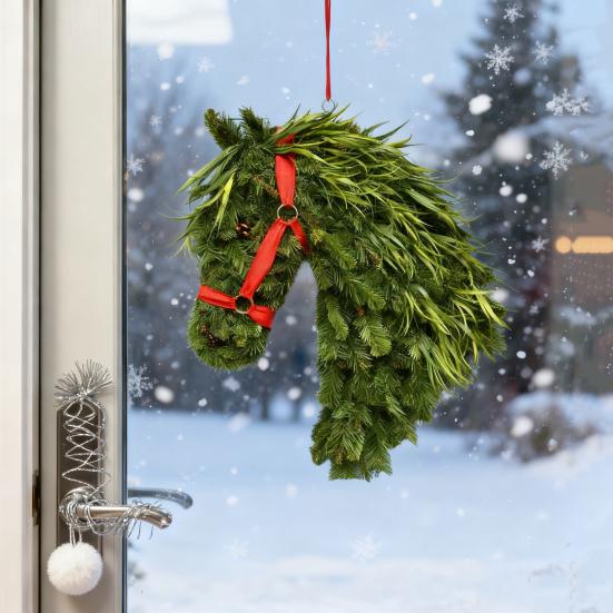Horse Head Wreath Rustic Farmhouse Equestrian Door Decor Artificial Horse-Shaped Wreath with Red Ribbon for Front Door Wall Window Holiday Decor