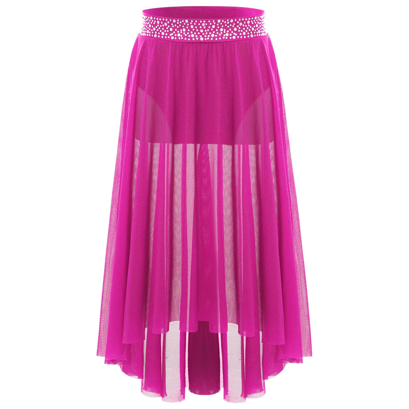 

Спідниця для ліричного танцю для дівчаток з блискучим поясом з кристалів, сітчаста спідниця хай-лоу, розріз збоку, сучасна 9-10 Years гарячі рожевого кольору