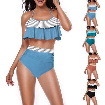 Women’s Two Piece High Waist Bikini Set with Ruffle Top and Ruched Waistband Swimwear for Beach Pool Resort