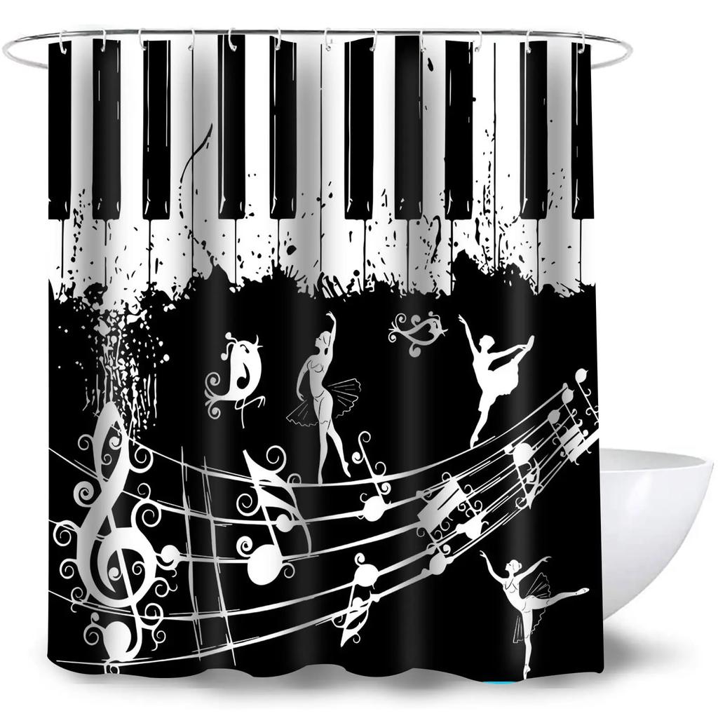 Music Shower Curtain,Black And White Music Notes Bathroom Shower Curtains Polyester Fabric Fashion Gray Bathroom Set With Hooks