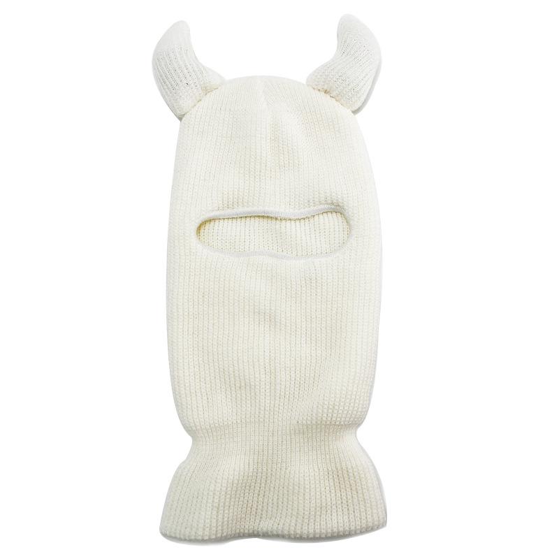Neue Winterdämonen Einzelloch Sturmhaube Gestrickte Pullovermütze Unisex Winddicht Bärenohren Warm Reiten Integrierter Schal Mütze white