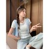 Sweet Small Fresh Striped Crew Neck Short Sleeve T-Shirt Women's Summer Slim Skinny Small Pullover Short Top