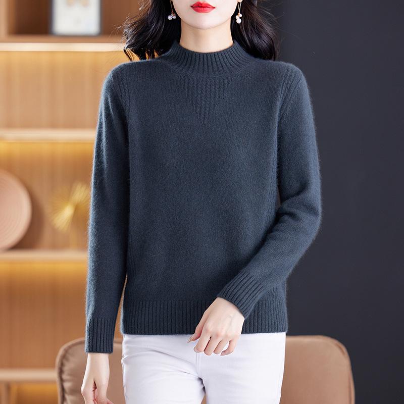 Women's 100% Wool Thick Knit Half-High Collar Winter Sweater for Middle-Aged and Elderly