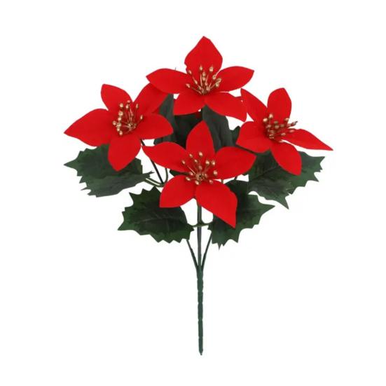 Artificial Poinsettia Bouquet with Green Leaves 4 Fork UV Resistant Fake Silk Flower Home Table Centerpiece Indoor Outdoor Faux Bloom Decoration