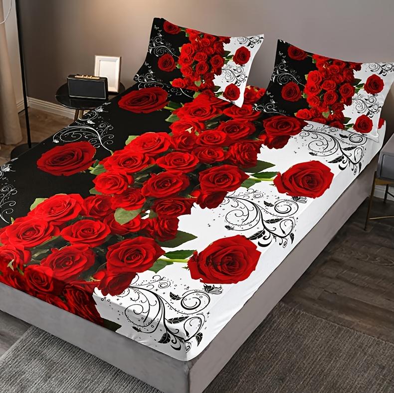 3pcs Romantic Rose Love Print Fitted Sheet Set, Soft Comfortable Breathable Bedding Mattress Protector Set, For Bedroom, Guest