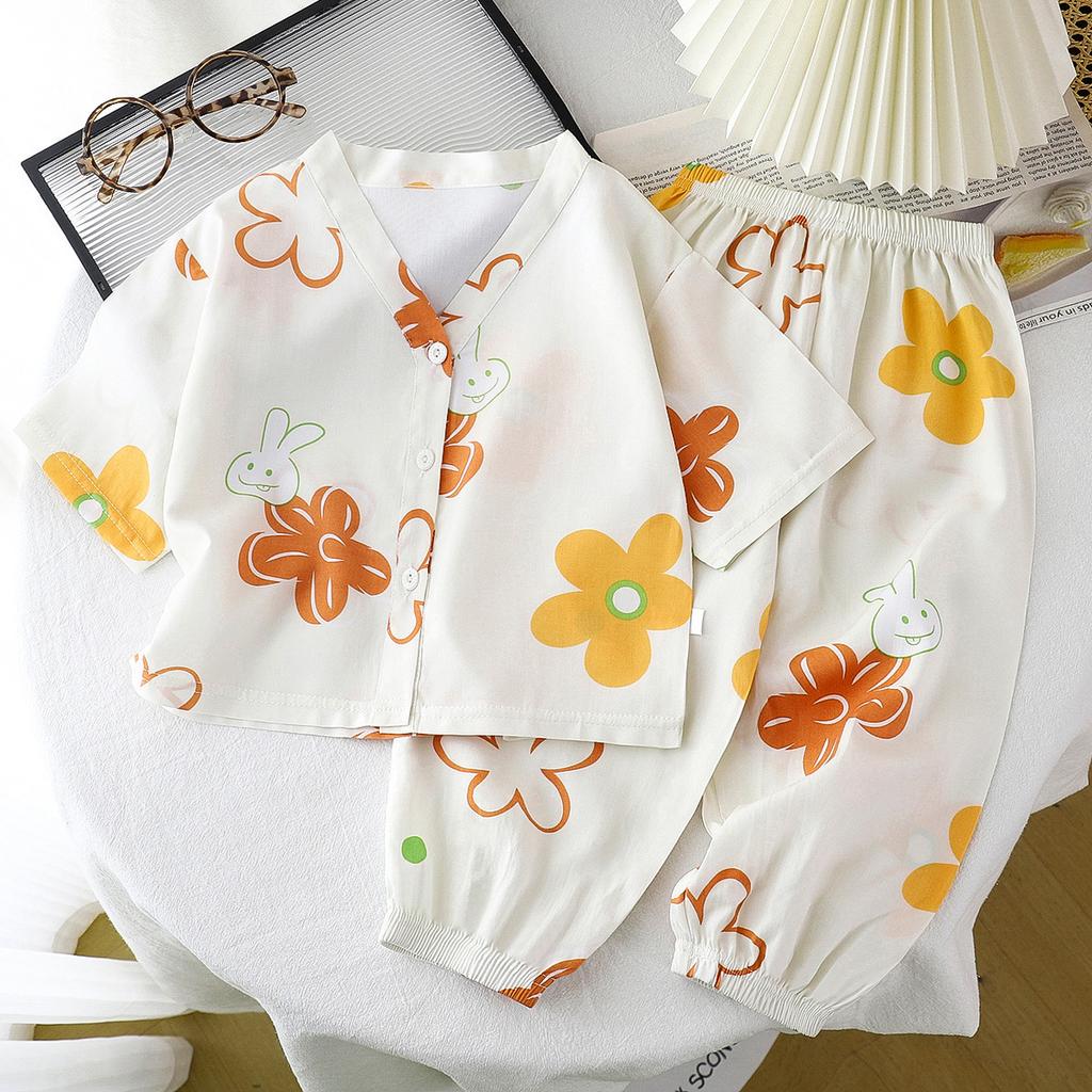 Children's Home Clothes Cotton Silk Set Summer Men's and Women's Pajamas Artificial Cotton Two Piece Set Cotton Silk Air Conditioning Clothes