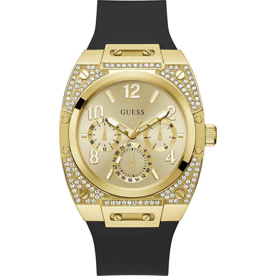 

Men s Stylish Three-Eye Multi-Function Skeleton Gold Case Black Silicone Strap Quartz Watch