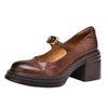 2025 New Four Seasons Women's Shoes Soft Leather Round Head Retro Style High Heels One-word Buckle with Thick Sole Mary Jane Single Shoes Women