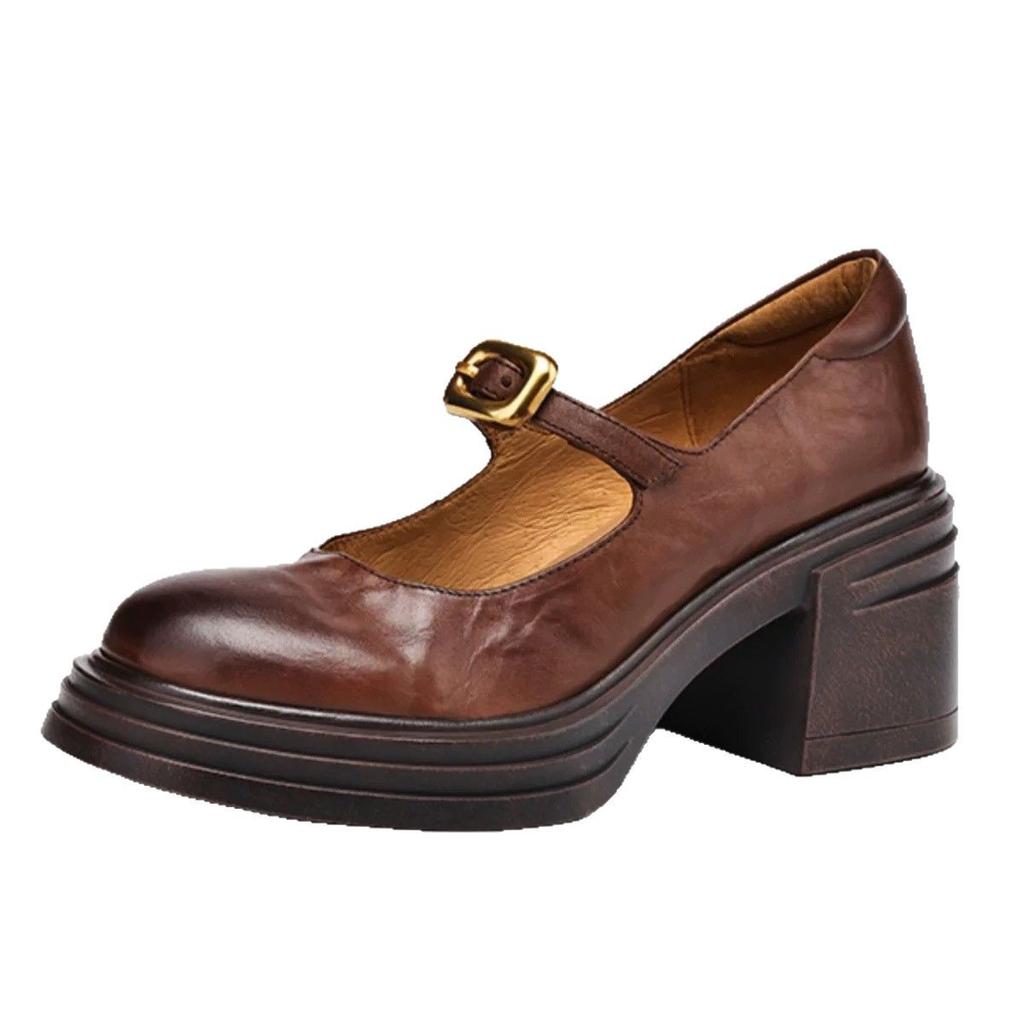 2025 New Four Seasons Women's Shoes Soft Leather Round Head Retro Style High Heels One-word Buckle with Thick Sole Mary Jane Single Shoes Women