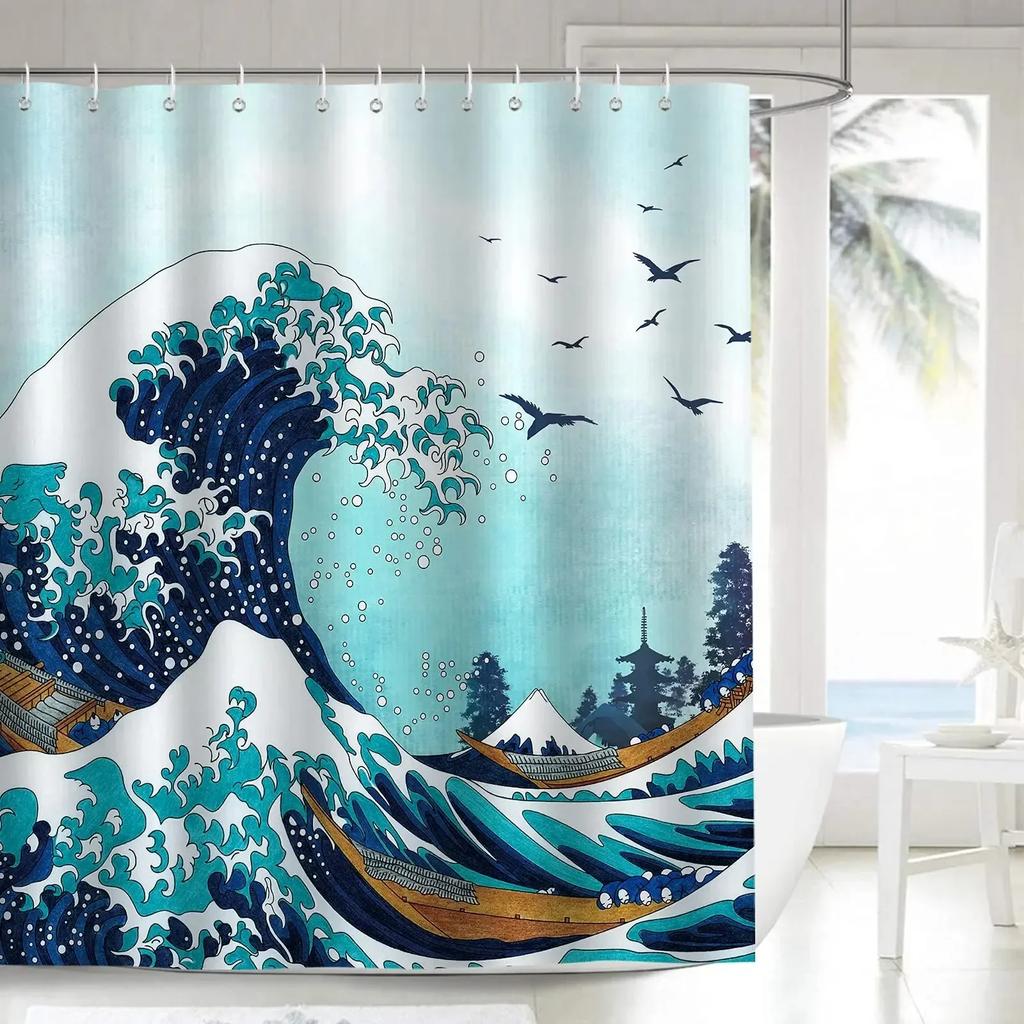 Duschvorhang im japanischen Stil Koi-Fisch Kirschblüte Sonne Meer Welle Oktopus Landschaft Polyesterstoff Vorhänge Badezimmerdeko